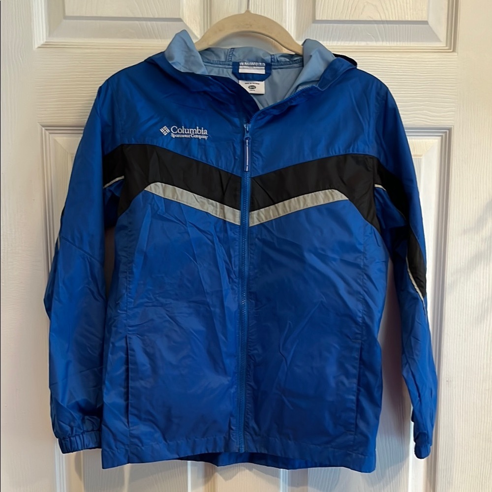 Columbia Blue and Black Raincoat with Chevron Design